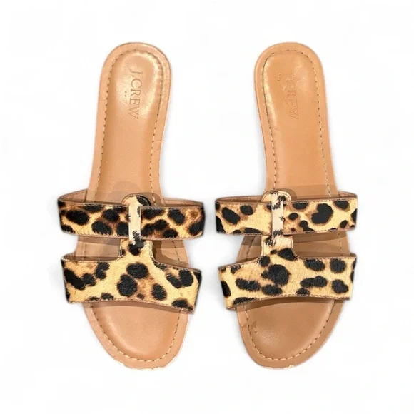 J. Crew Factory Beachside Slides Tan Leopard Calf Hair Sandals Size 8 - Picture 10 of 11
